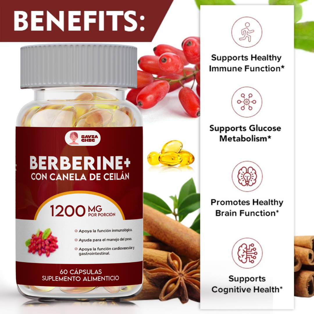 Berberina 1200 mg con Canela de Ceilán – Control Natural de Azucar, Colesterol y Peso – 60 Cápsulas Vegetales