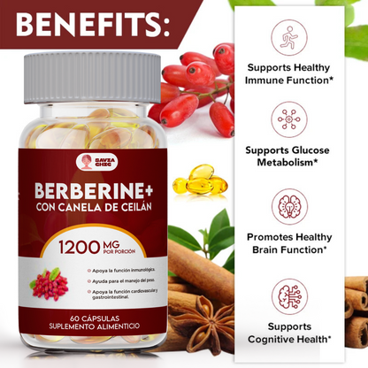 Berberina 1200 mg con Canela de Ceilán – Control Natural de Azucar, Colesterol y Peso – 60 Cápsulas Vegetales