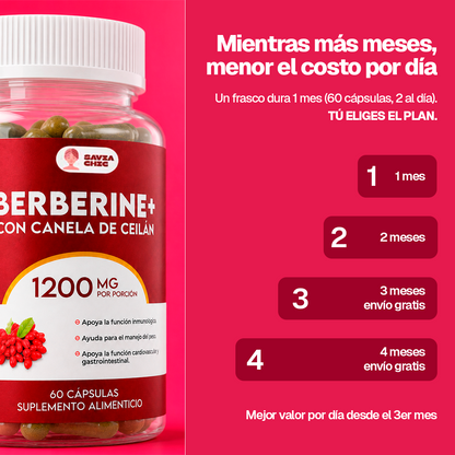 Berberina 1200 mg con Canela de Ceilán – Control Natural de Azucar, Colesterol y Peso – 60 Cápsulas Vegetales