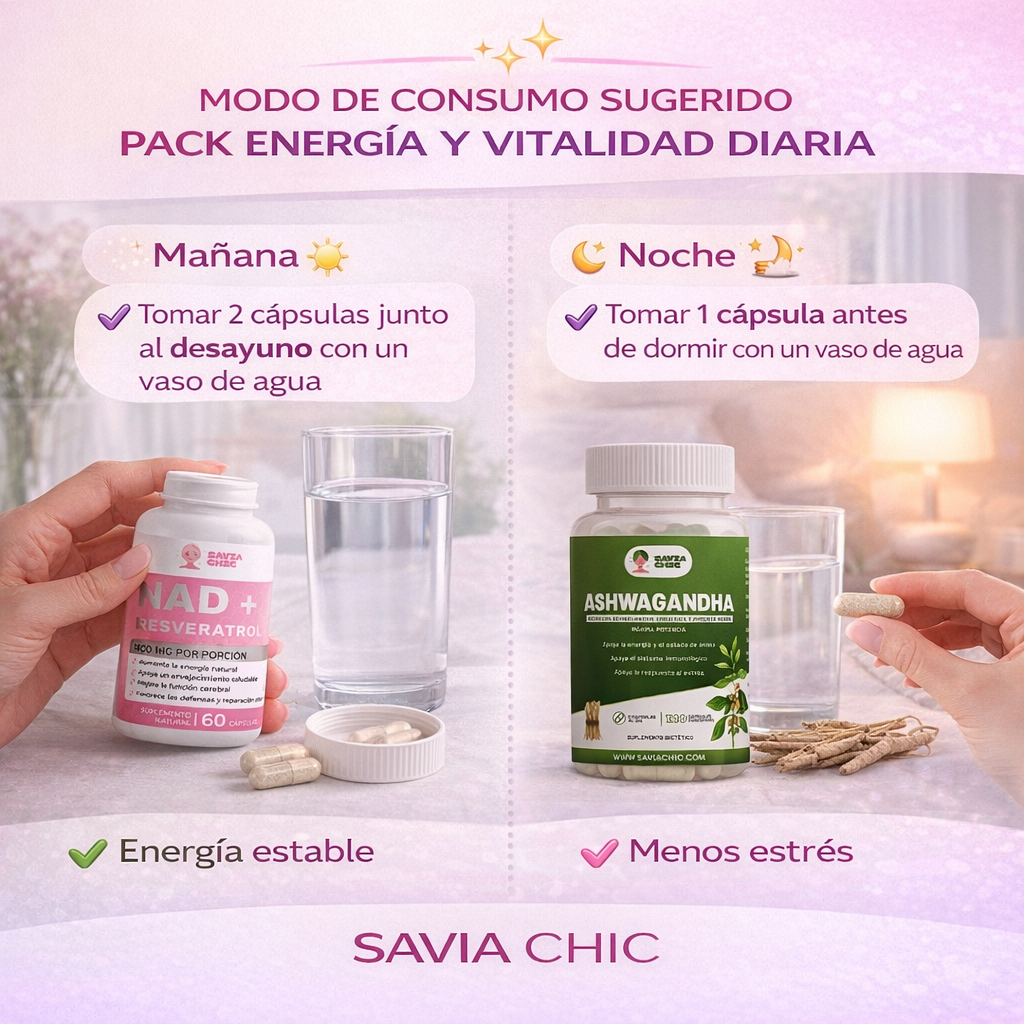 Pack Energía y Vitalidad Diaria – NAD+ Resveratrol y Ashwagandha para Mujeres