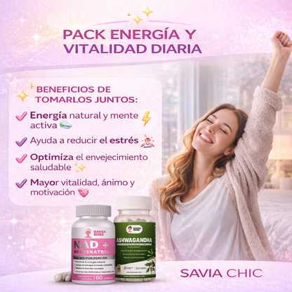 Pack Energía y Vitalidad Diaria – NAD+ Resveratrol y Ashwagandha para Mujeres