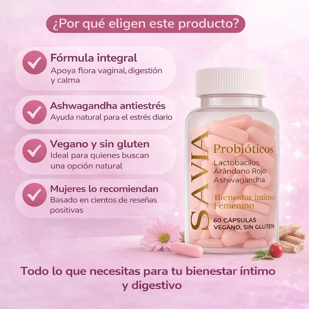 SAVIA Probióticos vaginales con Ashwagandha para el bienestar íntimo femenino