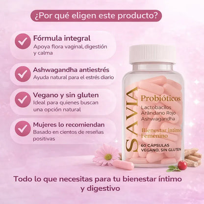SAVIA Probióticos vaginales con Ashwagandha para el bienestar íntimo femenino