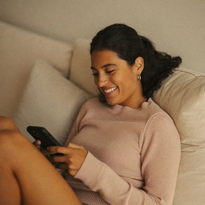 Mujer revisando su teléfono en el sillón